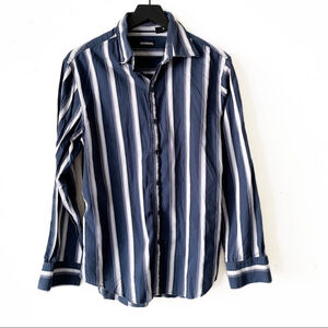 Reunion Men's M Button Up Blue and White Striped Long Sleeve Shirt
